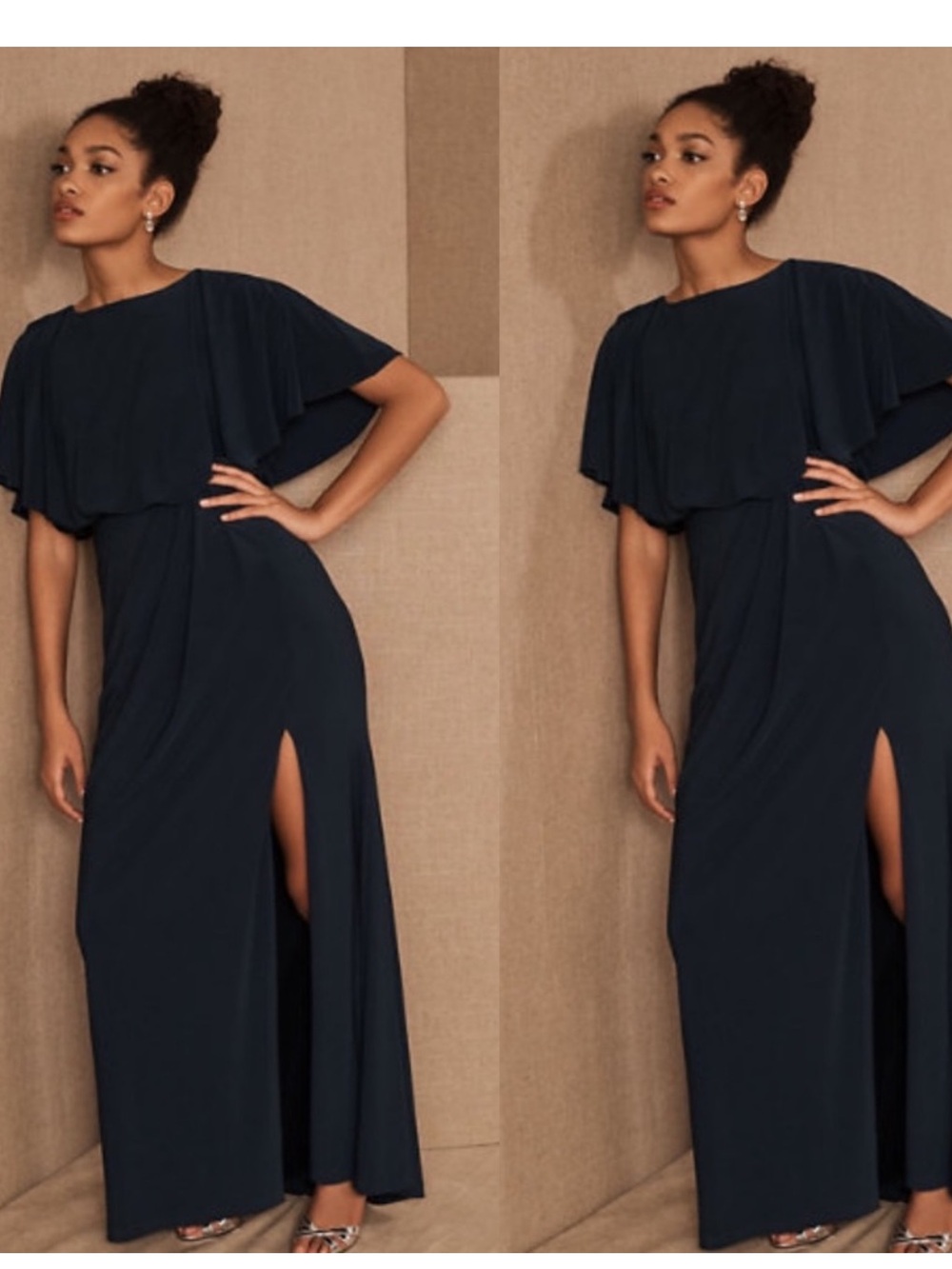 NWT BHLDN Lena in Navy Flutter Sleeve Jersey Slit Front Maxi Dress Gown, Size 4